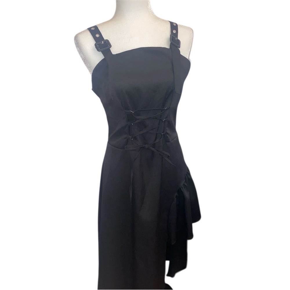 Black One-Shoulder Corset Lace-Up Midi Dress
